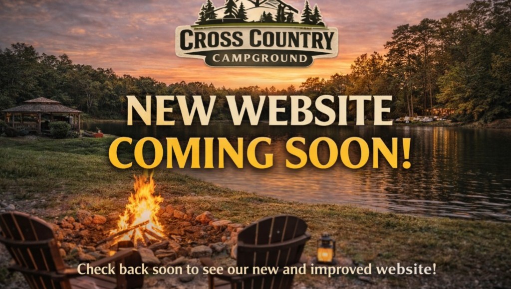Cross Country Campground: new website coming soon. Scenic lakeside sunset with campfire; check back soon for our new site.